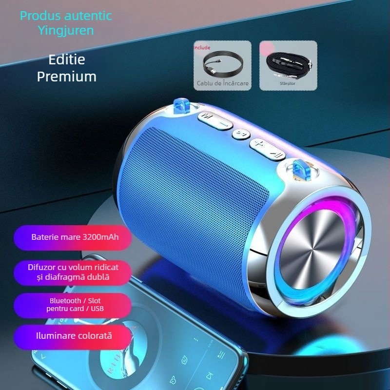 Difuzor Bluetooth fără fir cu subwoofer încorporat – portabil pentru casă și exterior, carcasă din aliaj de aluminiu, 40 Hz–20 kHz, SNR ≥100 dB, IPX4, baterie 1200–2000 mAh, USB/SD Card/Bluetooth