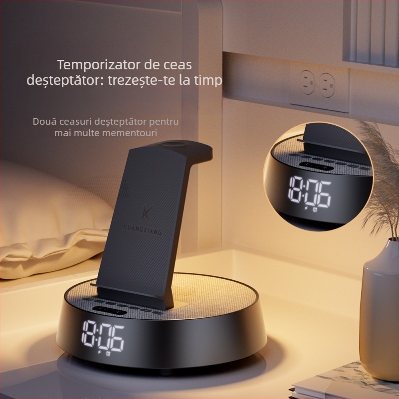 Boxă Bluetooth cu stație de încărcare wireless 6-în-1, ceas de alarmă, difuzor de birou portabil, IPX6, difuzoare HiFi duale, baterie încorporată 2000–4000 mAh