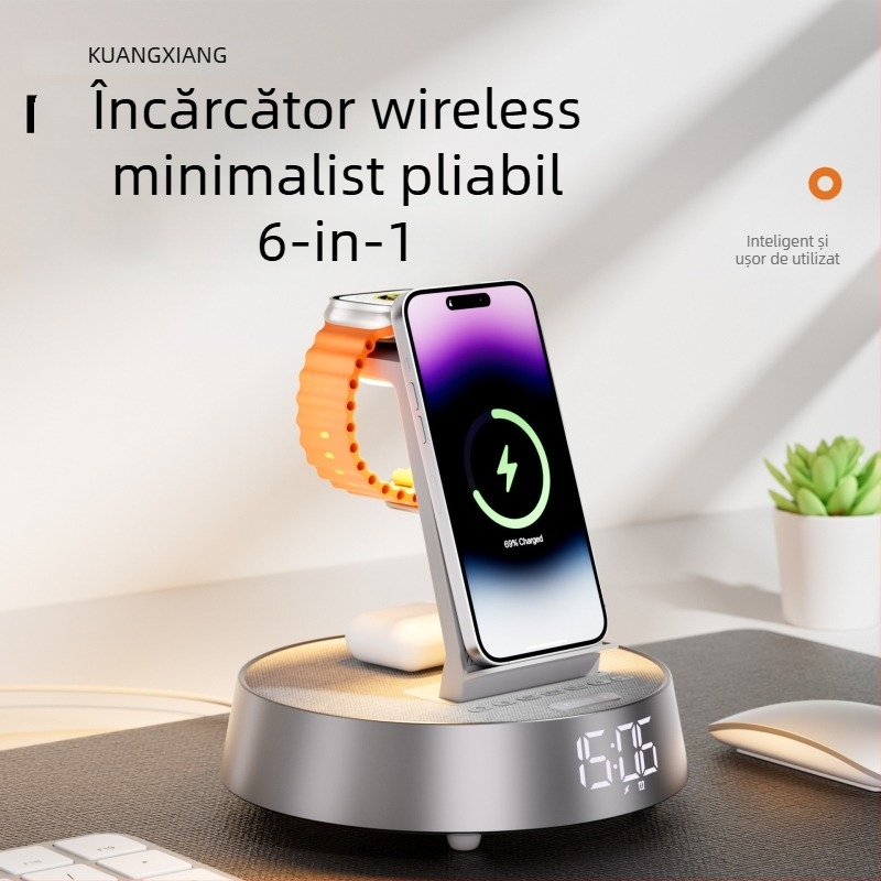 Boxă Bluetooth cu stație de încărcare wireless 6-în-1, ceas de alarmă, difuzor de birou portabil, IPX6, difuzoare HiFi duale, baterie încorporată 2000–4000 mAh