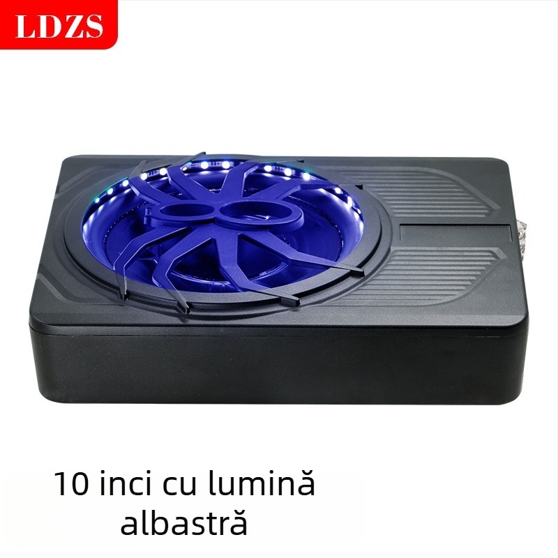 Subwoofer activ pentru mașină cu iluminare LED, design ultra-subțire; putere maximă 800W, impedanță 2,6 Ω, interval de frecvență 20 Hz–150 Hz, sensibilitate >90 dB, distorsiune <0,4%