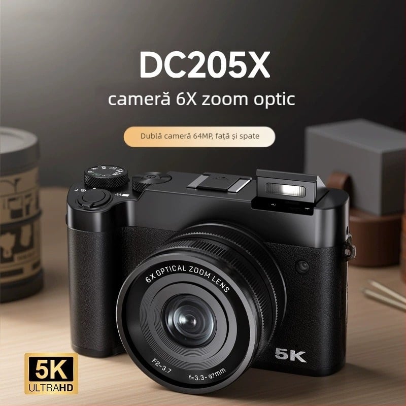 DC205X Cameră cu zoom optic, 5K HD, mirrorless pentru începători, selfie, ecran LCD de 3 inch, card TF
