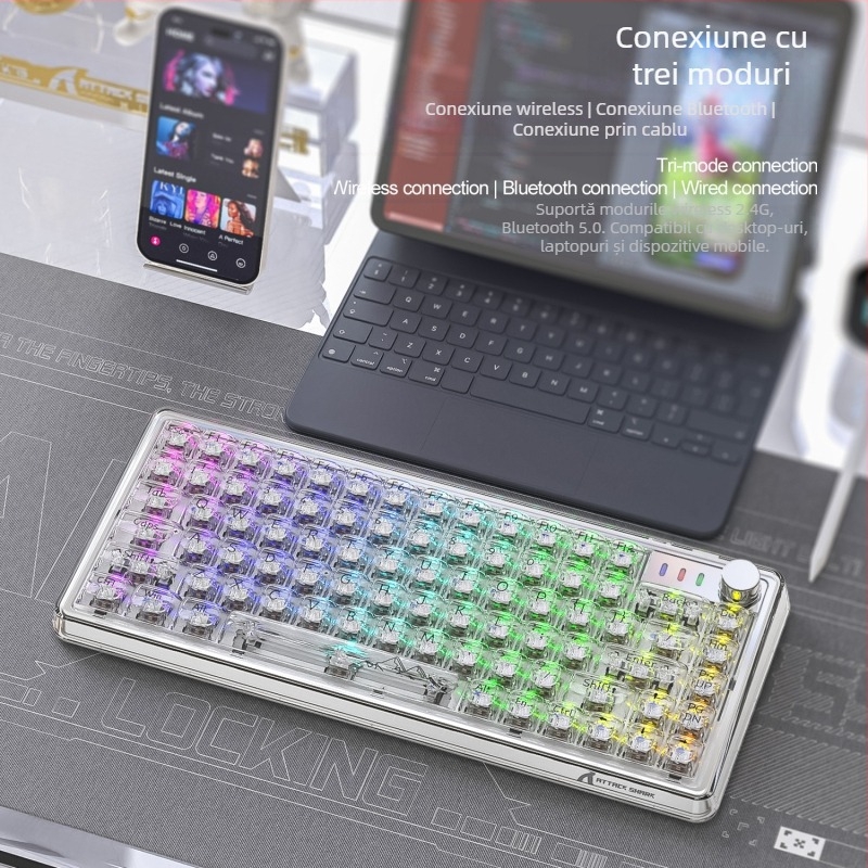 Attack Shark K75RGB tastatură mecanică fără fir, 82 taste, iluminare RGB, montaj gasket, switch-uri hot-plug