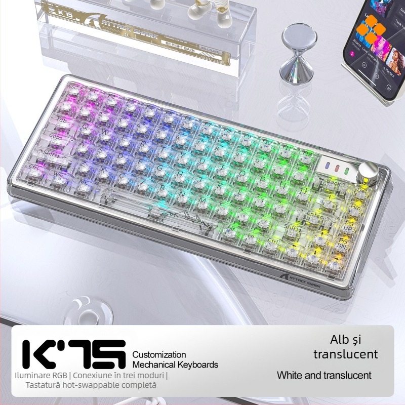 Attack Shark K75RGB tastatură mecanică fără fir, 82 taste, iluminare RGB, montaj gasket, switch-uri hot-plug