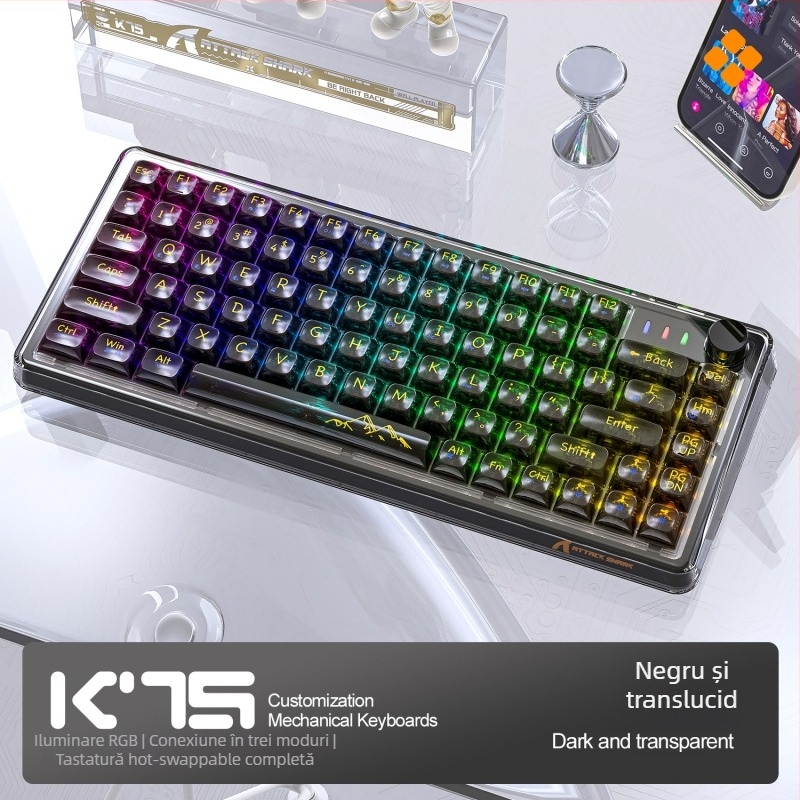 Attack Shark K75RGB tastatură mecanică fără fir, 82 taste, iluminare RGB, montaj gasket, switch-uri hot-plug