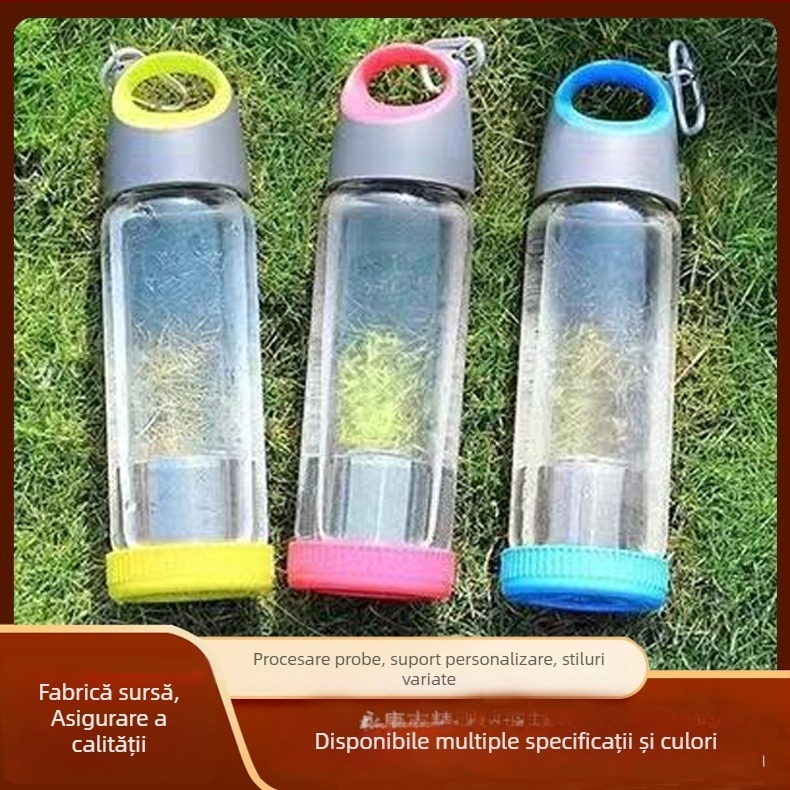 Sticlă de apă din borosilicata cu inel de purtare, cilindrică, etanșă și rezistentă la temperaturi, capac acoperit