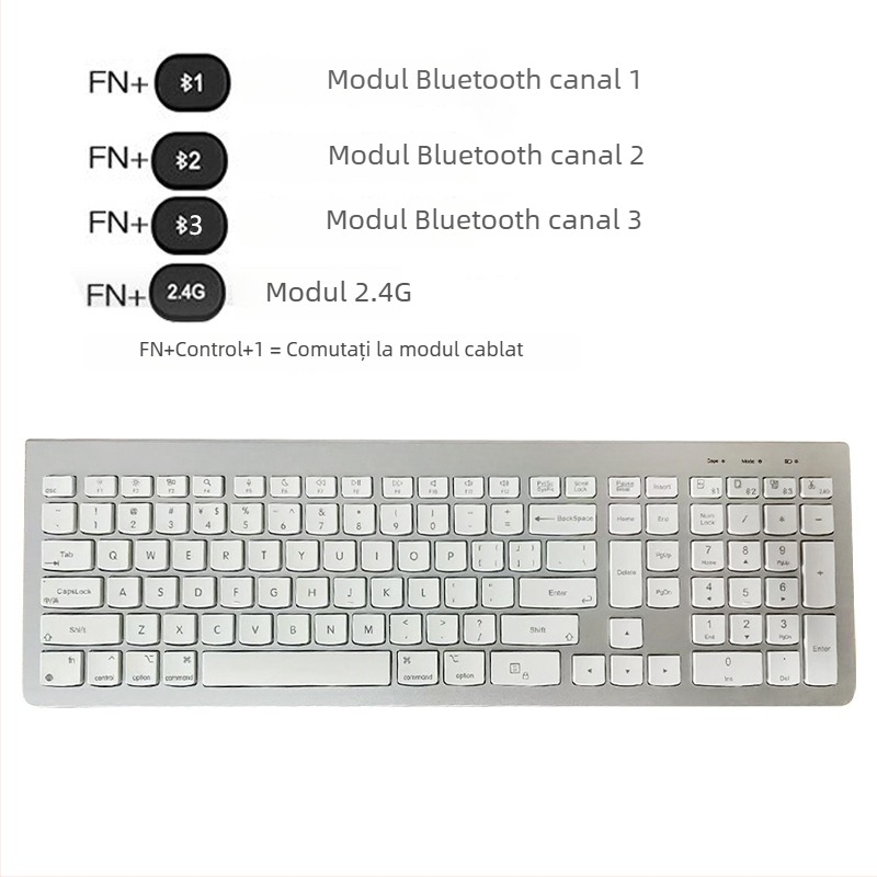 Tastatură Bluetooth cu trei moduri, peste 98 de taste, conectivitate wireless/cablaj/2.4G, se conectează la până la 3 dispozitive simultan, corp ABS, compatibil Mac, iPad, laptop Huawei, telefoane și calculatoare