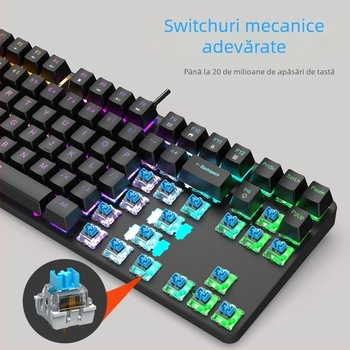 Tastatură mecanică de 87 taste, iluminare RGB, conectare prin cablu USB, carcasă ABS