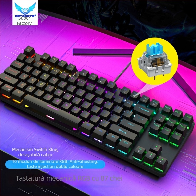 Tastatură mecanică de 87 taste, iluminare RGB, conectare prin cablu USB, carcasă ABS