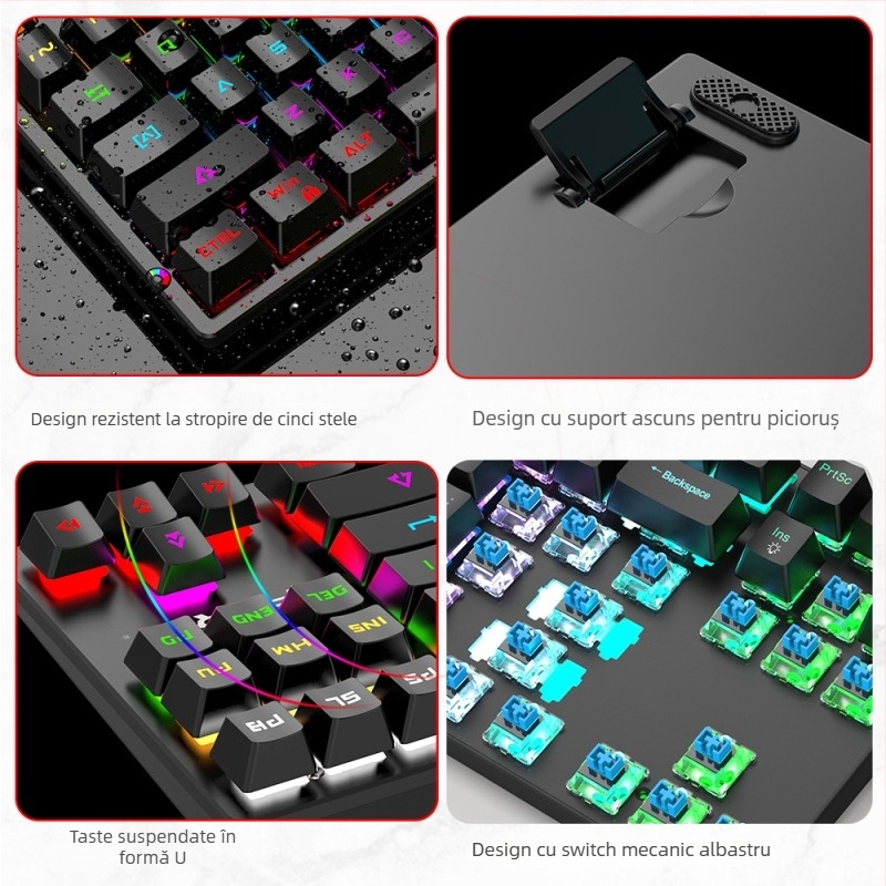 Tastatură mecanică de 87 taste, iluminare RGB, conectare prin cablu USB, carcasă ABS