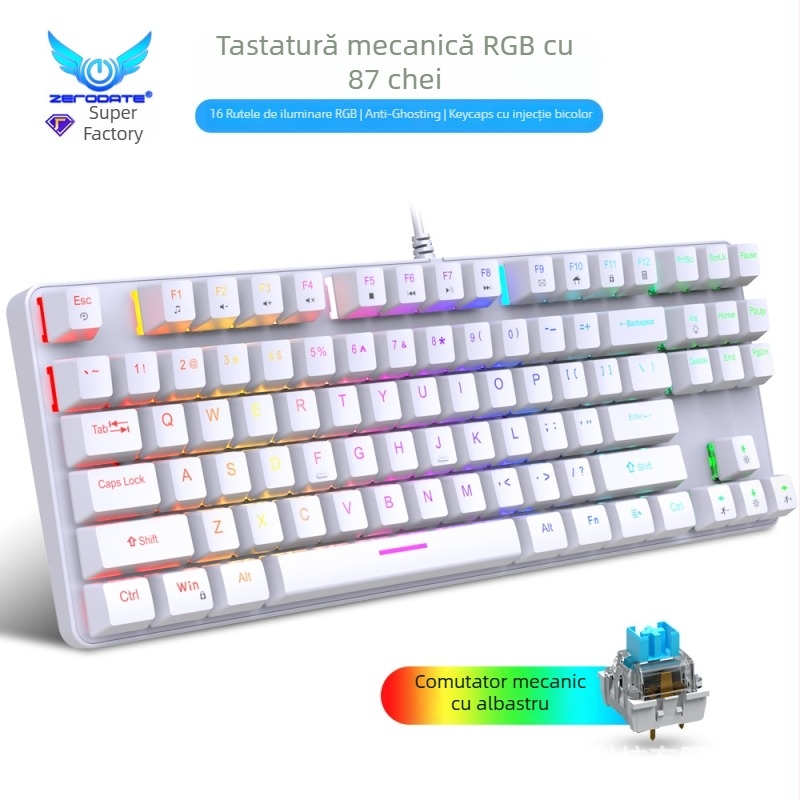 Tastatură mecanică de 87 taste, iluminare RGB, conectare prin cablu USB, carcasă ABS