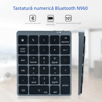 N960 tastatură numeric Bluetooth, ultra-subțire din aliaj de aluminiu, 28 de taste, portabilă, fără iluminare
