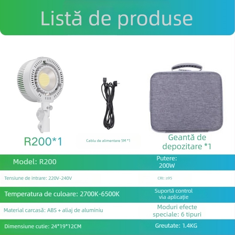 R200 Lumină de umplere pentru fotografie, 150W+, 2500-9900K, 110-240V, iluminare de studio pentru live streaming