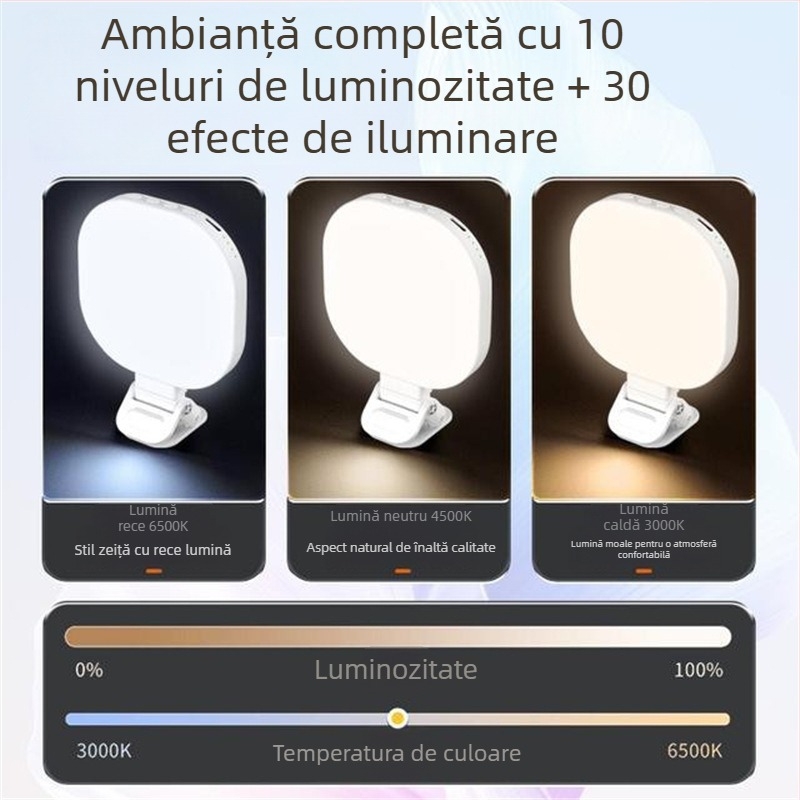 Lumină LED pentru selfie și transmisiuni live — trei temperaturi de iluminare, putere sub 10W