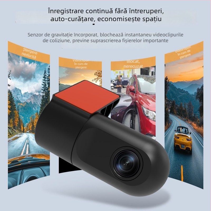 Aparat de bord WiFi cu conectivitate prin aplicație mobilă, instalare USB, 1080p, unghi de cuprindere 140°, montare pe parbriz