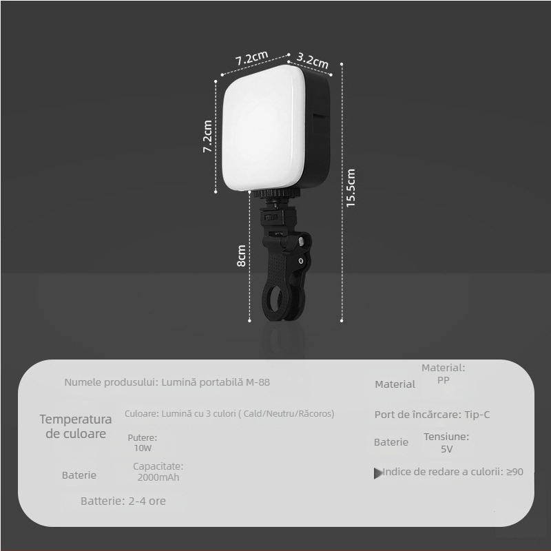 Lumină de umplere mini cu baterie încorporată — Iluminare RGB, Temperatură a culorii 2500K-9900K, Model M-88, Lumină de buzunar portabilă pentru fotografie