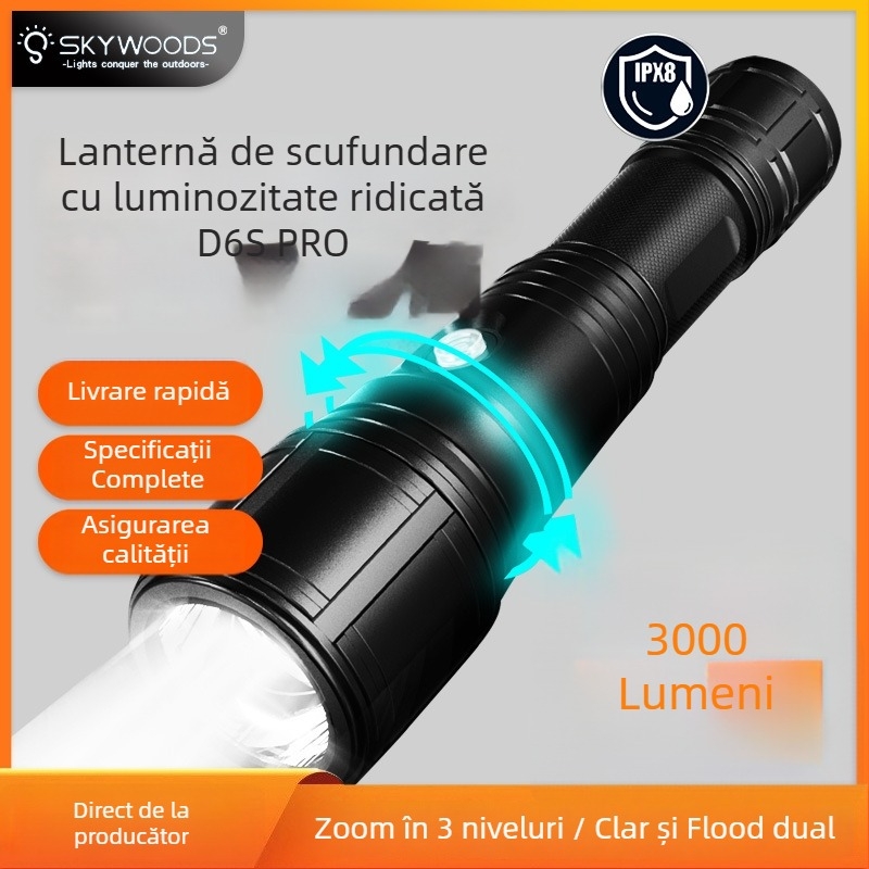 Lanteră de scufundare SKYWOODS, 3000 lumeni, zoom, reîncărcabilă, carcasă din aliaj de aluminiu