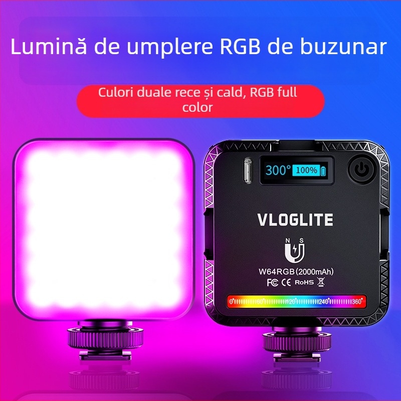 W64RGB Lumină LED de umplere pentru portret, streaming live și fotografie; Putere 6W, baterie încorporată de 3.7V, portabilă