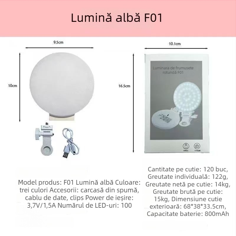 Lumină LED de umplere mini pentru fotografie și streaming live, model F01, LED tri-color, 3.5W, 5V, manevrabilă