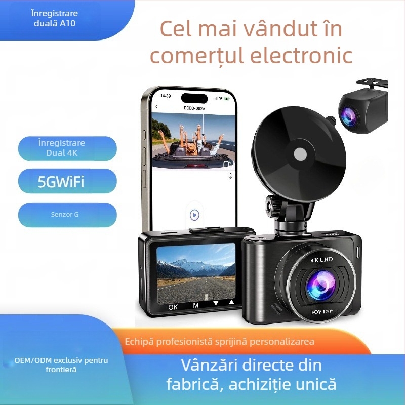 Cameră auto Dash Cam cu înregistrare duală 4K+1080P, WiFi, 170°, obiectiv dublu, F1.8, ecran 1.5", înregistrare în buclă, suport TF până la 128GB