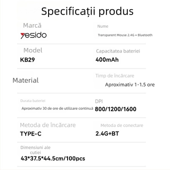 Yesido mouse fără fir, funcționare silențioasă, 2.4G + Bluetooth, 5 butoane, ergonomic, compatibil cu laptopuri și desktopuri, model KB29