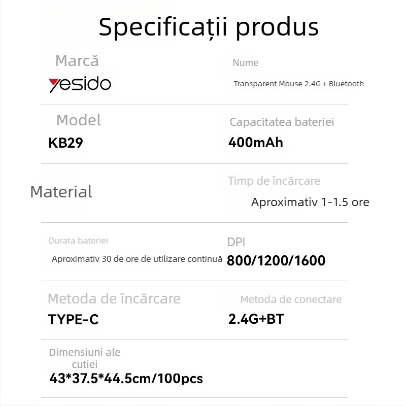 Yesido mouse fără fir, funcționare silențioasă, 2.4G + Bluetooth, 5 butoane, ergonomic, compatibil cu laptopuri și desktopuri, model KB29