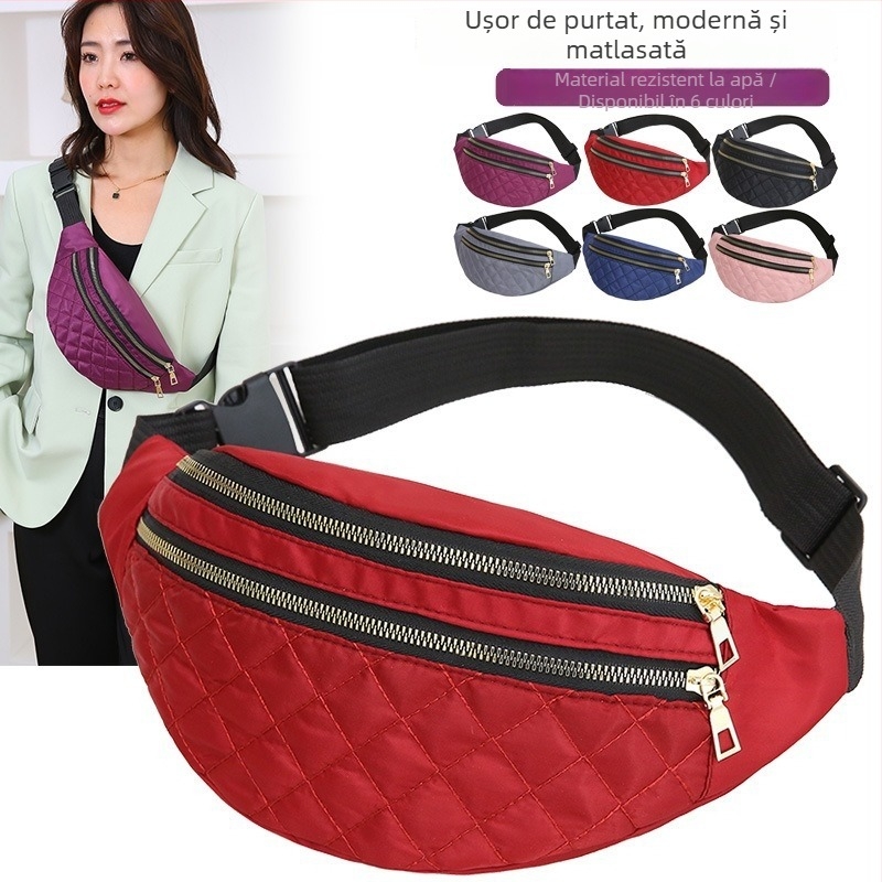 Geantă de talie pentru femei, model quilt diamantat, material Oxford, închidere cu fermoar, buzunar intern pentru telefon și buletin, potrivită pentru plimbări