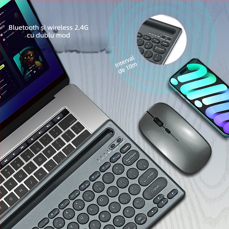 Set tastatură și mouse wireless K1000 – Bluetooth și 2.4G dual-mode, 100 taste, compatibil cu notebook, tabletă, desktop și telefon mobil