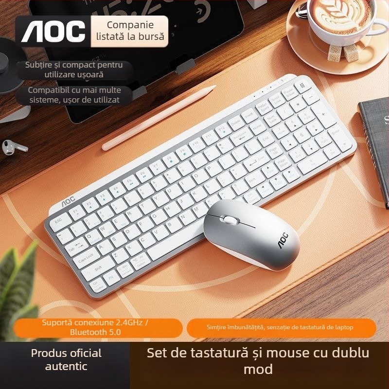 Set tastatură și mouse AOC cu mod dual, tastatură cu mecanism tip foarfecă, Bluetooth 5.0 și 2.4G wireless, mouse USB, 1200 DPI