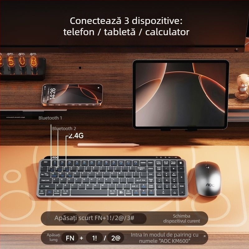 Set tastatură și mouse AOC cu mod dual, tastatură cu mecanism tip foarfecă, Bluetooth 5.0 și 2.4G wireless, mouse USB, 1200 DPI