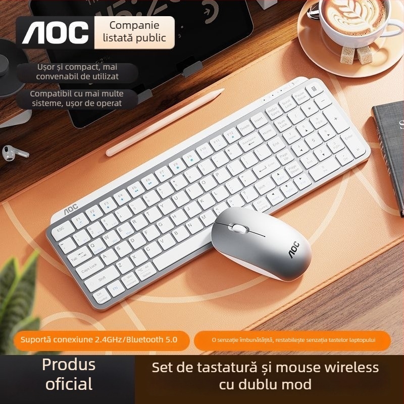 Set tastatură și mouse AOC cu mod dual, tastatură cu mecanism tip foarfecă, Bluetooth 5.0 și 2.4G wireless, mouse USB, 1200 DPI
