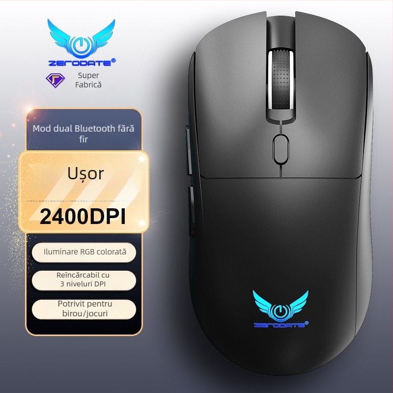 Mouse fără fir cu mod dual 2.4G/Bluetooth, DPI 1600, 6 butoane, interfață USB, reîncărcabil și ergonomic