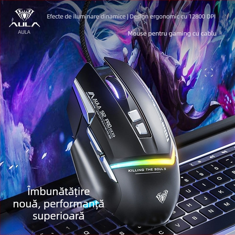 AULA Tarantula S12PRO mouse de gaming cu fir, mecanic, macro-programabil, 12800 DPI, 8 taste programabile, USB, reglaj DPI în patru trepte, design ergonomic