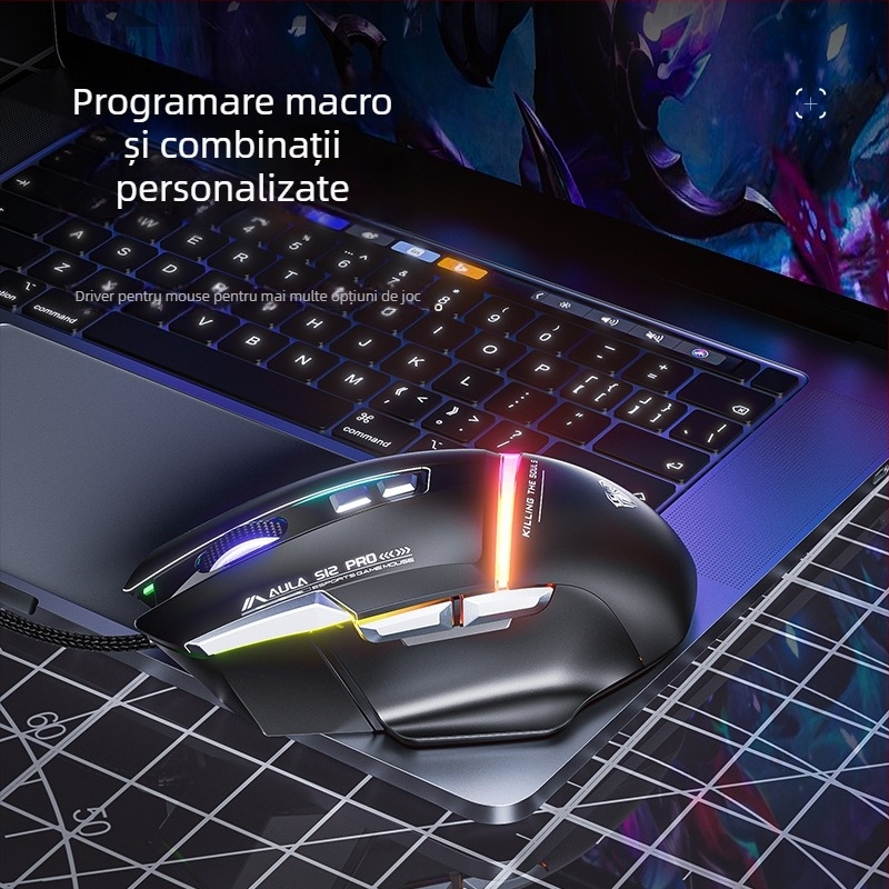 AULA Tarantula S12PRO mouse de gaming cu fir, mecanic, macro-programabil, 12800 DPI, 8 taste programabile, USB, reglaj DPI în patru trepte, design ergonomic
