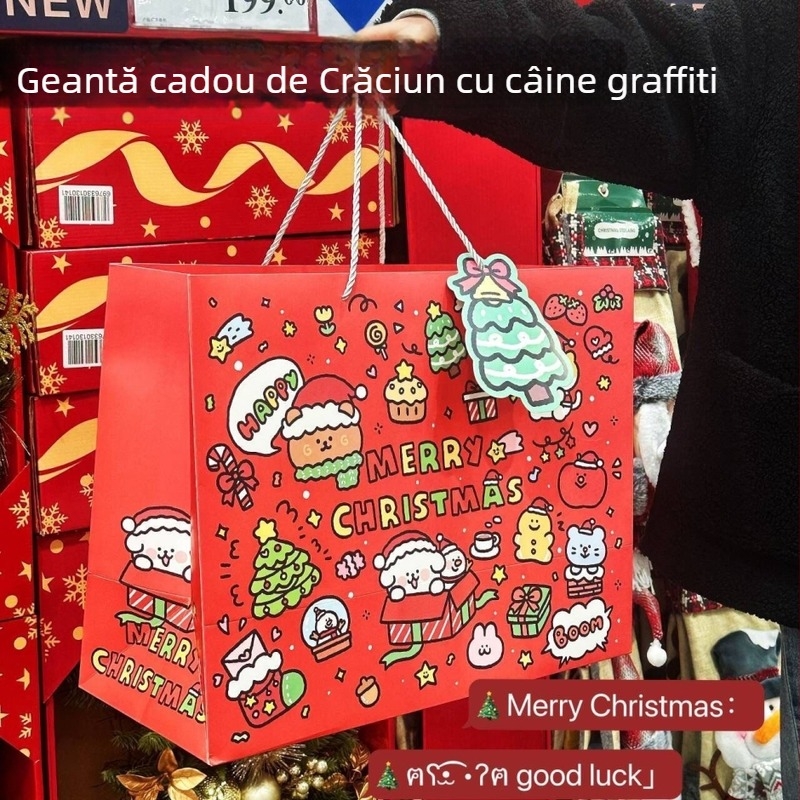 Sac de cadouri cu design Crăciun graffiti cu cățeluș, capacitate mare, carton, stil desen animat