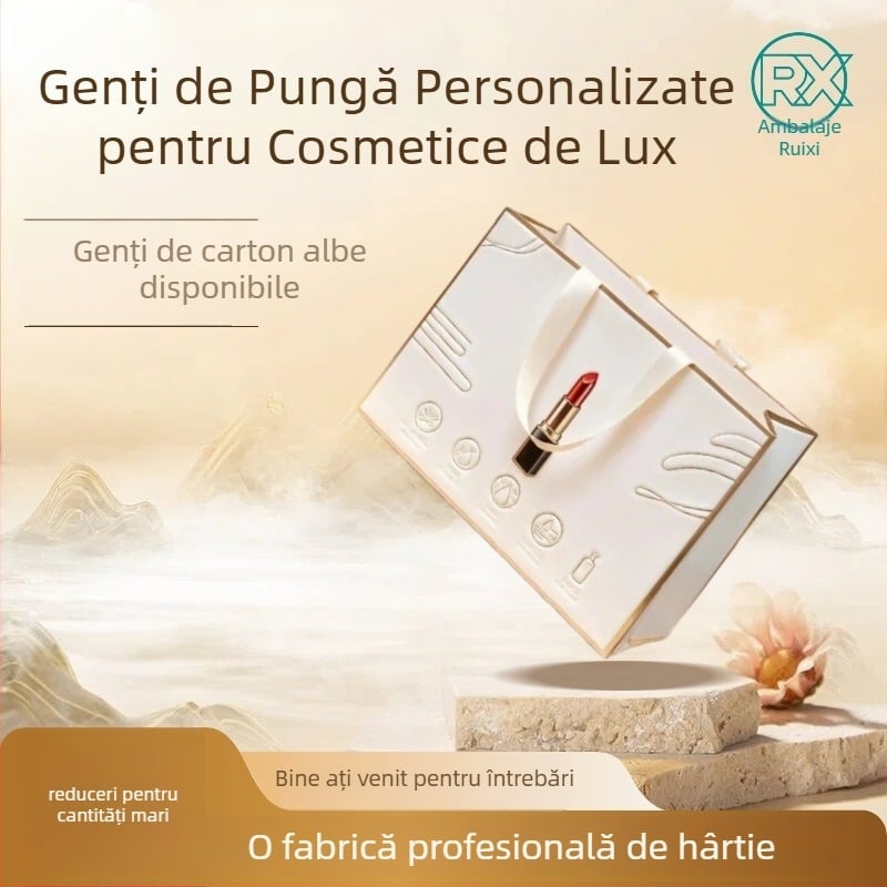 Genți de cadouri INS stil, cu embosare, acoperire UV și ștampilare la cald, carton alb, dimensiuni personalizabile, imprimare a logo-ului