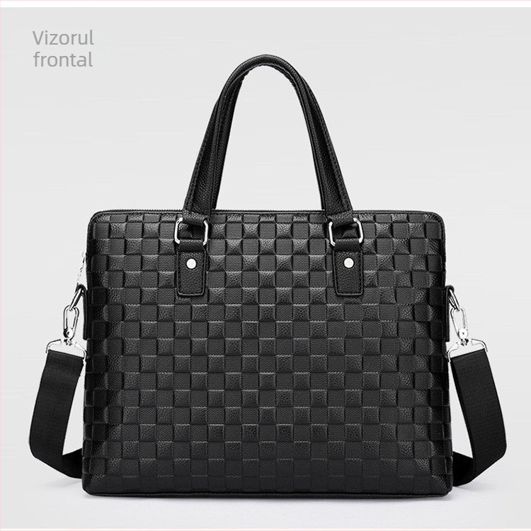 Geantă de mână pentru bărbați din piele naturală - model carouri (Formă orizontală pătrată; Închidere cu fermoar; Compatibil cu laptop de 14 inchi; Capacitate 20–35 L)