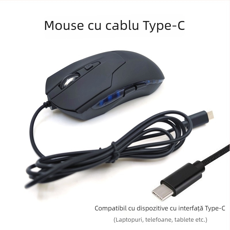 Mouse optic HYO-07, USB-C cablat, 1200dpi, 6 butoane, ergonomic pentru desktop