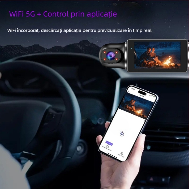 Camera pentru bord auto cu ecran de 3,0 inchi, înregistrare HD, vedere nocturnă infraroșu, conectivitate Wi‑Fi cu telefonul, monitorizare parcare, rotație 360°
