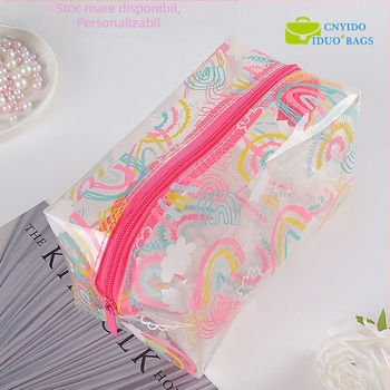 Geantă transparentă din TPU pentru cosmetice, husă groasă pentru creioane, geantă imprimată octagonală cu fermoar, cusută; Material: PVC EVA TPU; Lungimea fermoarului: 10–30 cm; Destinație: ambalare cosmetică