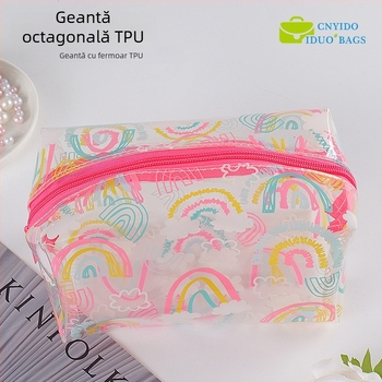 Geantă transparentă din TPU pentru cosmetice, husă groasă pentru creioane, geantă imprimată octagonală cu fermoar, cusută; Material: PVC EVA TPU; Lungimea fermoarului: 10–30 cm; Destinație: ambalare cosmetică