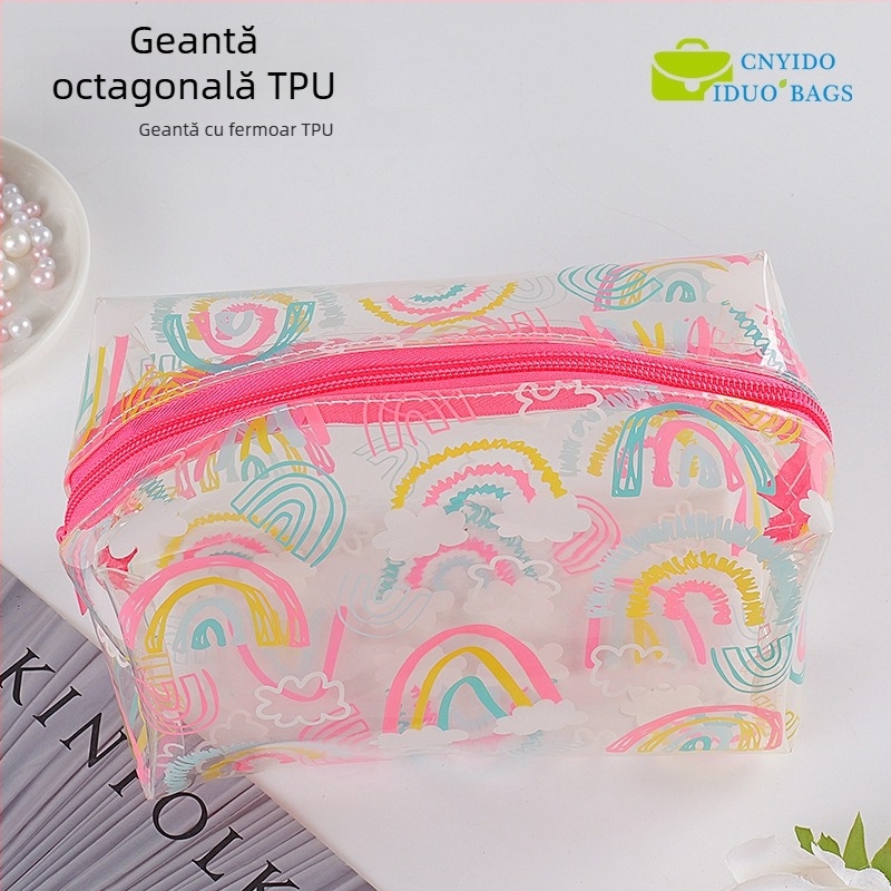 Geantă transparentă din TPU pentru cosmetice, husă groasă pentru creioane, geantă imprimată octagonală cu fermoar, cusută; Material: PVC EVA TPU; Lungimea fermoarului: 10–30 cm; Destinație: ambalare cosmetică