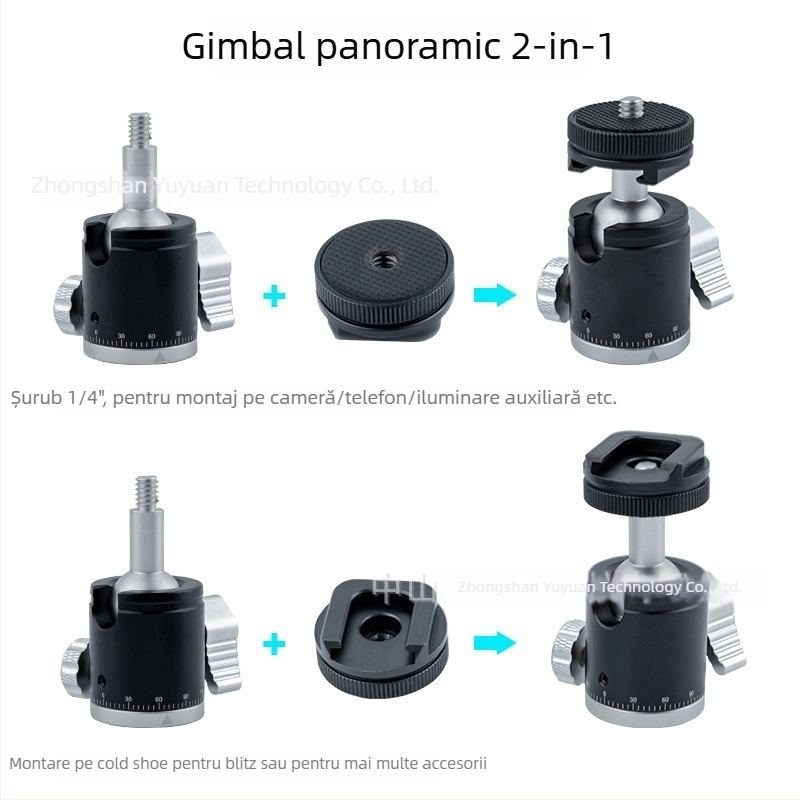 Trepied pentru telefon mobil cu cap PTZ panoramic, din aliaj de aluminiu, rotație orizontală 360°, rotație verticală 90°, amortizare pentru filmare stabilă