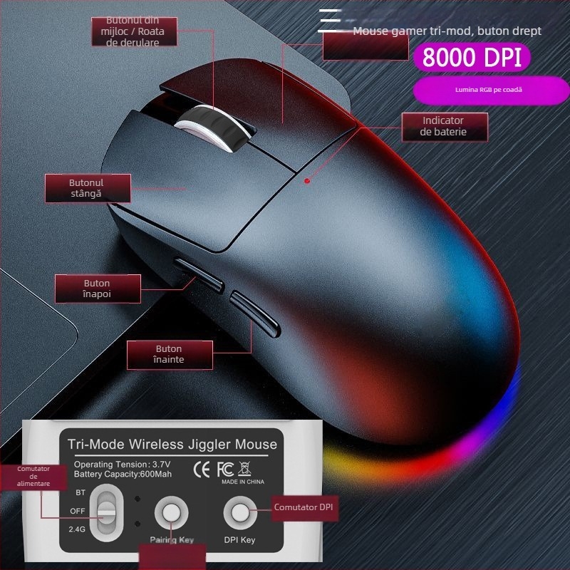Mouse wireless de gaming, ergonomic, senzor optic 8000 DPI, 7 butoane, reglaj DPI în 6 trepte, rază de operare 10 m