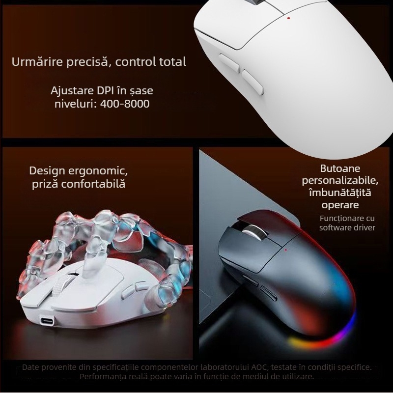 Mouse wireless de gaming, ergonomic, senzor optic 8000 DPI, 7 butoane, reglaj DPI în 6 trepte, rază de operare 10 m