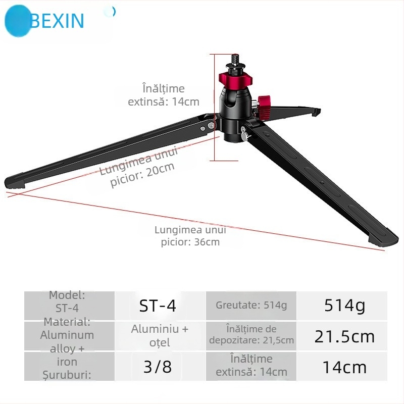 Trepied pentru fotografie din aliaj de aluminiu, model ST-4, 1 secțiune, sarcină 6–10 kg, greutate 0,457 kg
