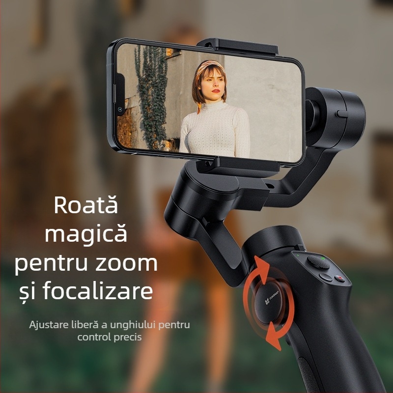 Stabilizator gimbal cu 3 axe pentru smartphone — urmărire inteligentă anti-tremur, corp din ABS, baterie încorporată, greutate 500 g (pan 320°, tilt 320°, viteză 120°/s)