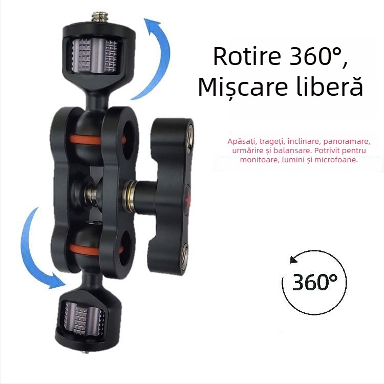 Brat universal Magic Arm pentru monitor și camere mirrorless, cu cap dublu cu bile 360° și rotație 360°, conexiune filetată, aliaj de aluminiu, 115 g