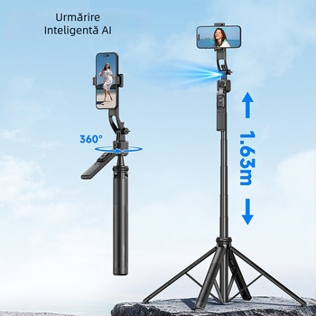 Suport gimbal cu urmărire facială AI pentru smartphone – corp din aluminiu, rotație verticală 360°, greutate 620 g, compatibil cu majoritatea telefoanelor, utilizare interioară/exterioară