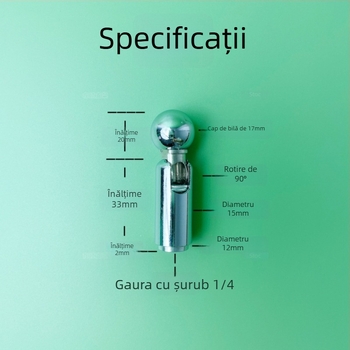 Cap de bilă universal metalic cu adaptor de 17 mm pentru trepied 1/4, montaj prin rotație, rotație verticală 90°, rotație orizontală 0°, greutate 0.006