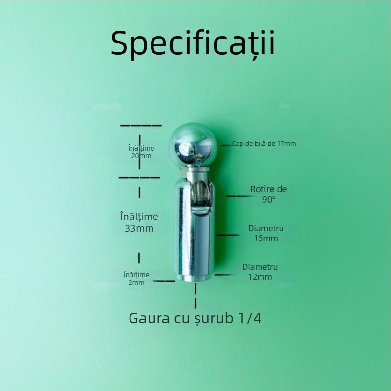 Cap de bilă universal metalic cu adaptor de 17 mm pentru trepied 1/4, montaj prin rotație, rotație verticală 90°, rotație orizontală 0°, greutate 0.006